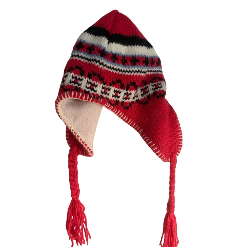 Womens Red Fair Isle Knit Earflap BeanieFleece Lined Peruvian Winter Hat Tassels